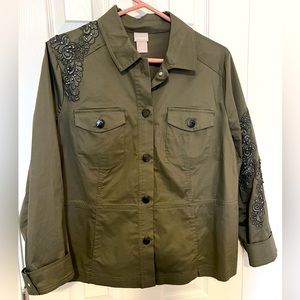 Chico’s Green Jacket with floral and rhinestone detail